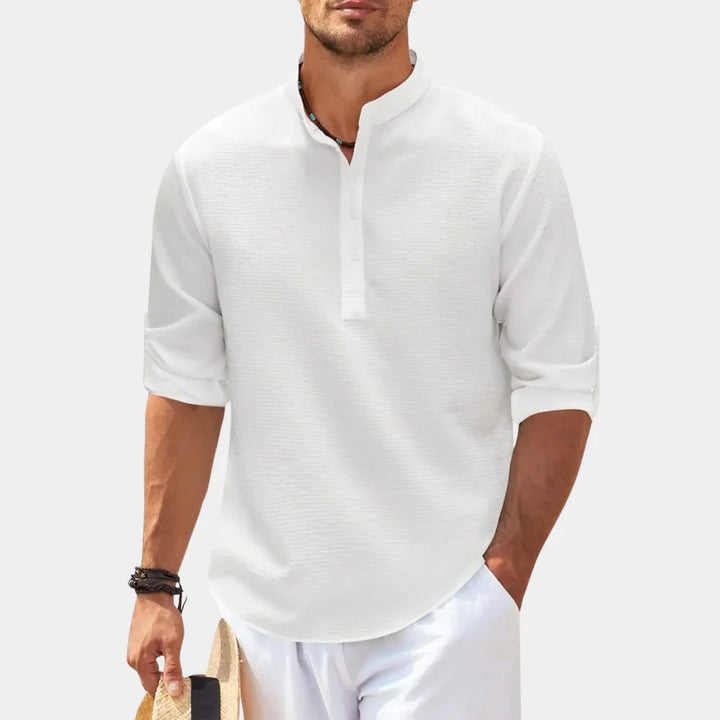 Men’s Casual Shirt – Natural Fibers – Relaxed Fit – Mandarin Collar – Rolled Sleeves