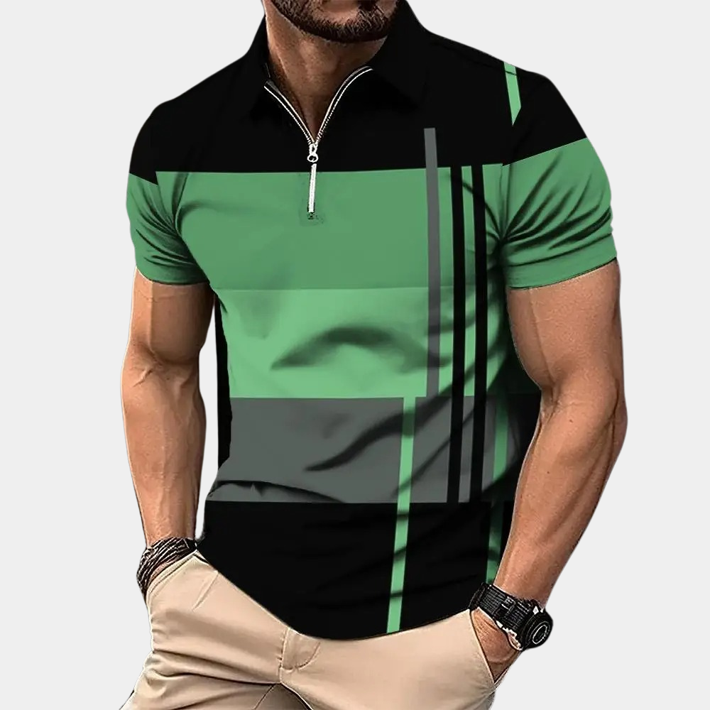 Men’s Polo Shirt - Slim Fit - Short Sleeve - Zipper Neck - Breathable Blend - Modern Pattern