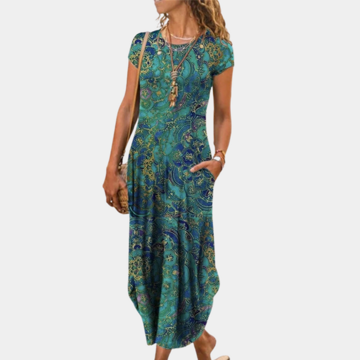 Women’s Midi Dress – Relaxed Fit – Flowing Silhouette – Short Sleeve Breathable Blend