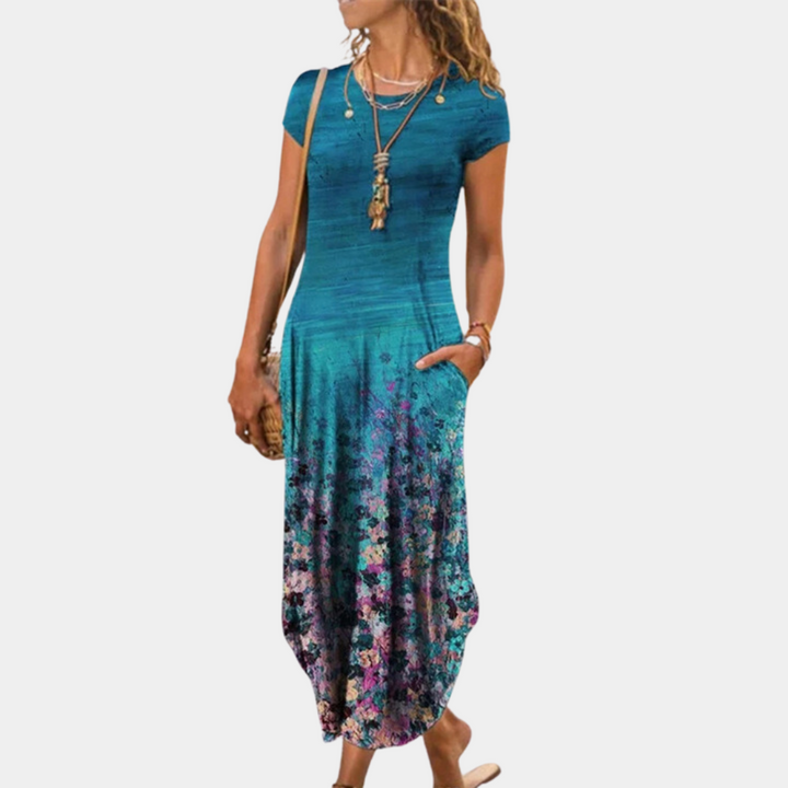 Women’s Midi Dress – Relaxed Fit – Flowing Silhouette – Short Sleeve Breathable Blend