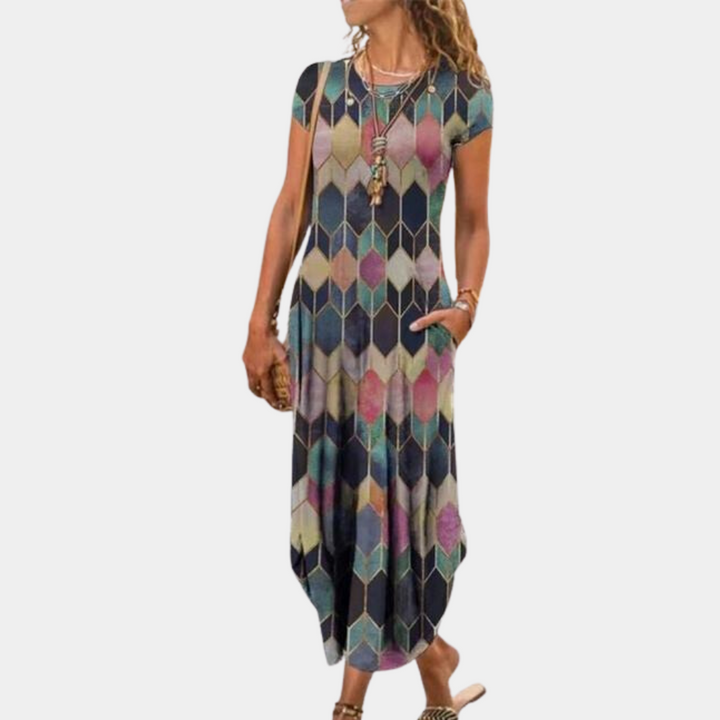 Women’s Midi Dress – Relaxed Fit – Flowing Silhouette – Short Sleeve Breathable Blend