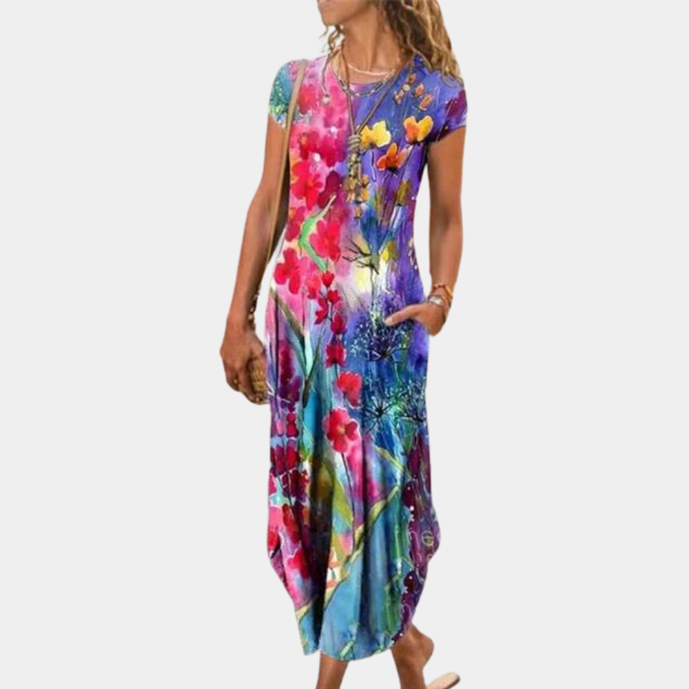 Women’s Midi Dress – Relaxed Fit – Flowing Silhouette – Short Sleeve Breathable Blend