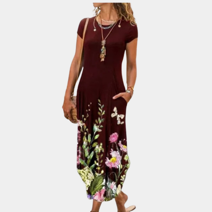 Women’s Midi Dress – Relaxed Fit – Flowing Silhouette – Short Sleeve Breathable Blend