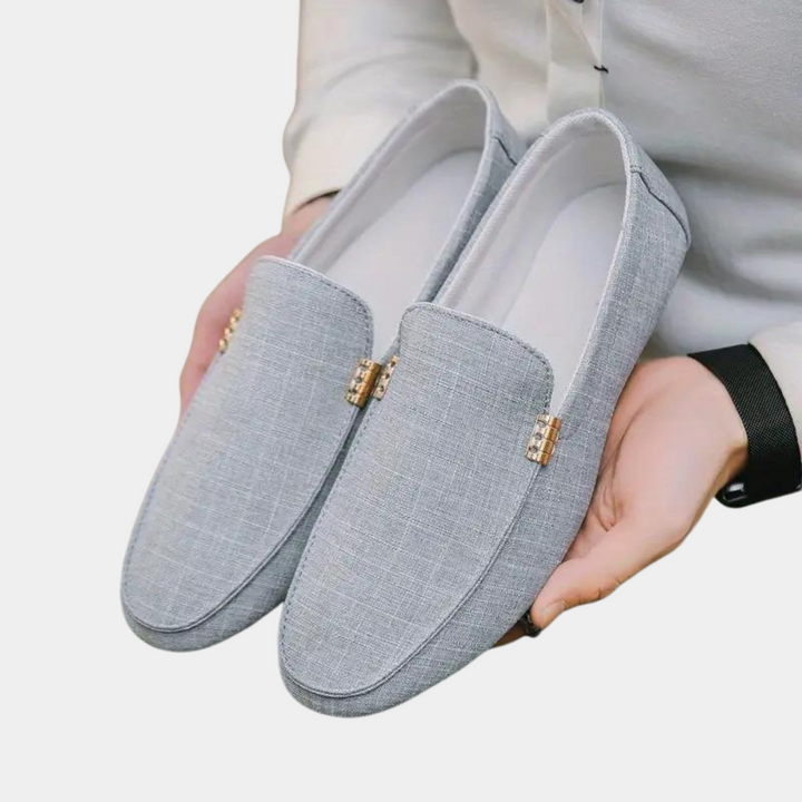Men’s Loafers – Slip-On Style – Woven Finish – Minimalist Design with Metal Accent