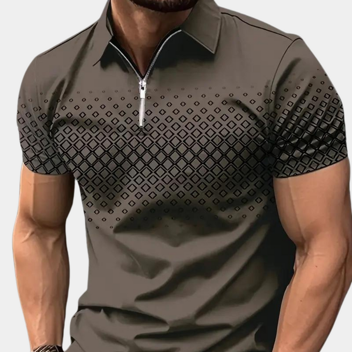 Men’s Polo Shirt - Slim Fit - Zipper Placket - Geometric Pattern - Breathable Blend