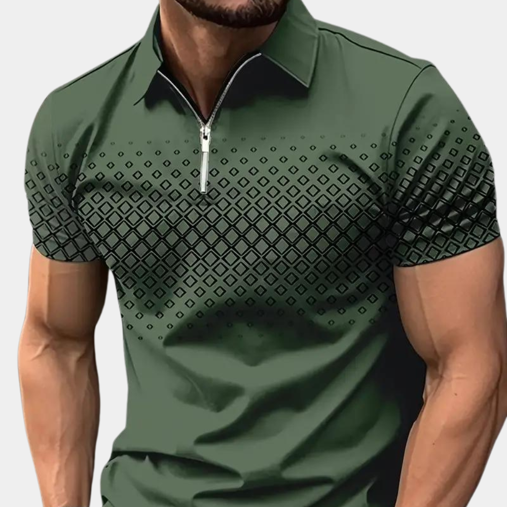 Men’s Polo Shirt - Slim Fit - Zipper Placket - Geometric Pattern - Breathable Blend