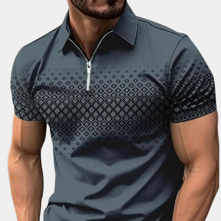 Men’s Polo Shirt - Slim Fit - Zipper Placket - Geometric Pattern - Breathable Blend