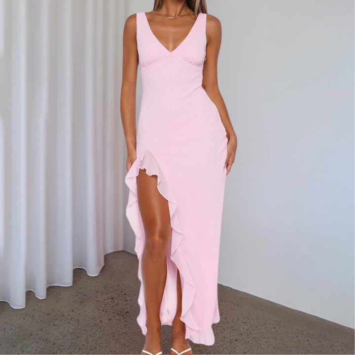 Women’s Evening Dress – Slim Fit – V-Neck Sleeveless – High Slit Luxury Fabric