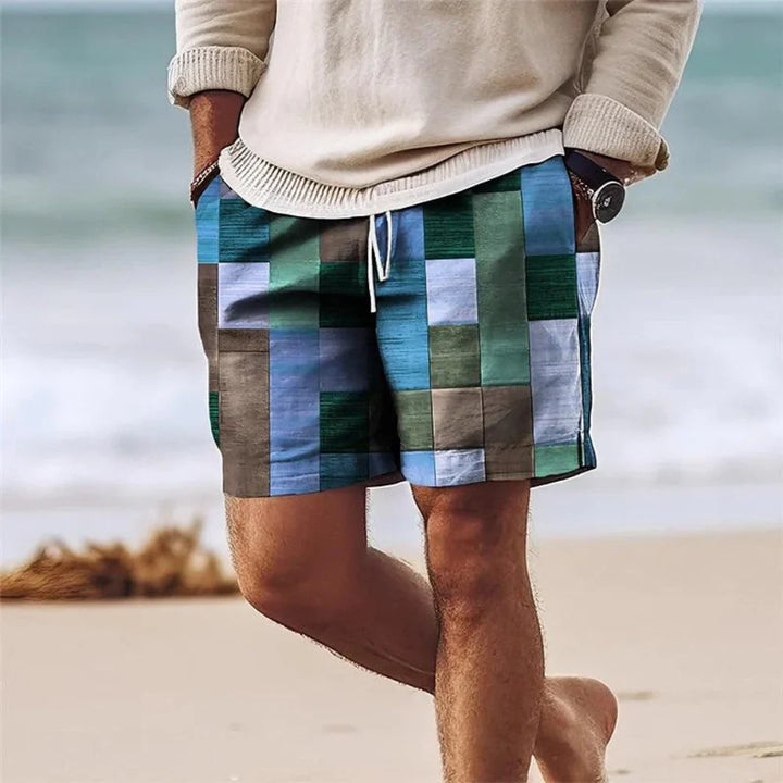 Men’s Shorts - Relaxed Fit - Mid-Thigh Length - Geometric Print - Breathable Blend
