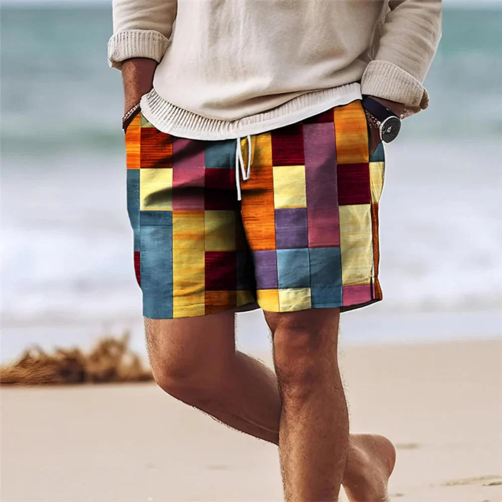 Men’s Shorts - Relaxed Fit - Mid-Thigh Length - Geometric Print - Breathable Blend