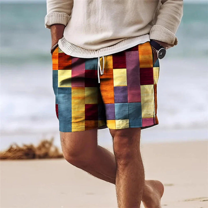 Men’s Shorts - Relaxed Fit - Mid-Thigh Length - Geometric Print - Breathable Blend
