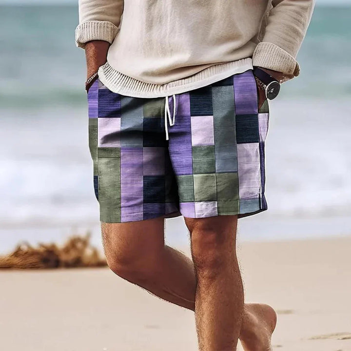 Men’s Shorts - Relaxed Fit - Mid-Thigh Length - Geometric Print - Breathable Blend