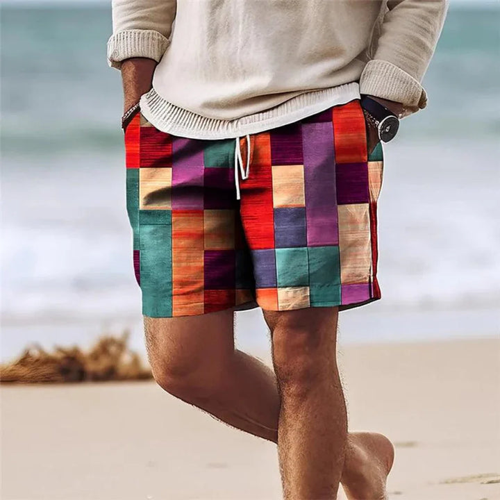 Men’s Shorts - Relaxed Fit - Mid-Thigh Length - Geometric Print - Breathable Blend