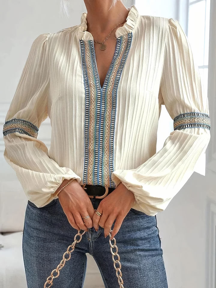 Women’s Blouse – Relaxed Fit – Ruffled Collar – Pleated Front – Long Sleeve Vintage Style
