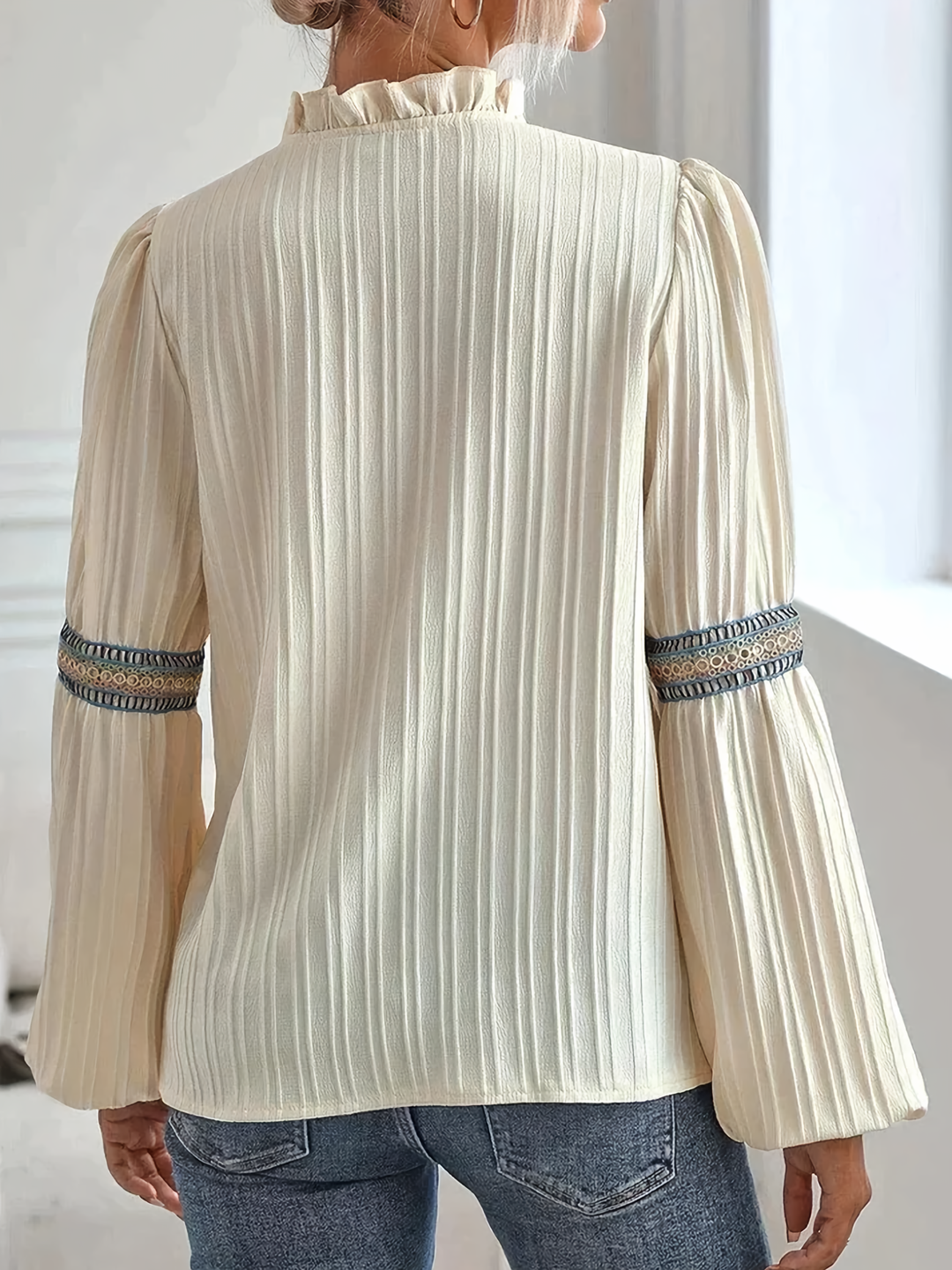Women’s Blouse – Relaxed Fit – Ruffled Collar – Pleated Front – Long Sleeve Vintage Style