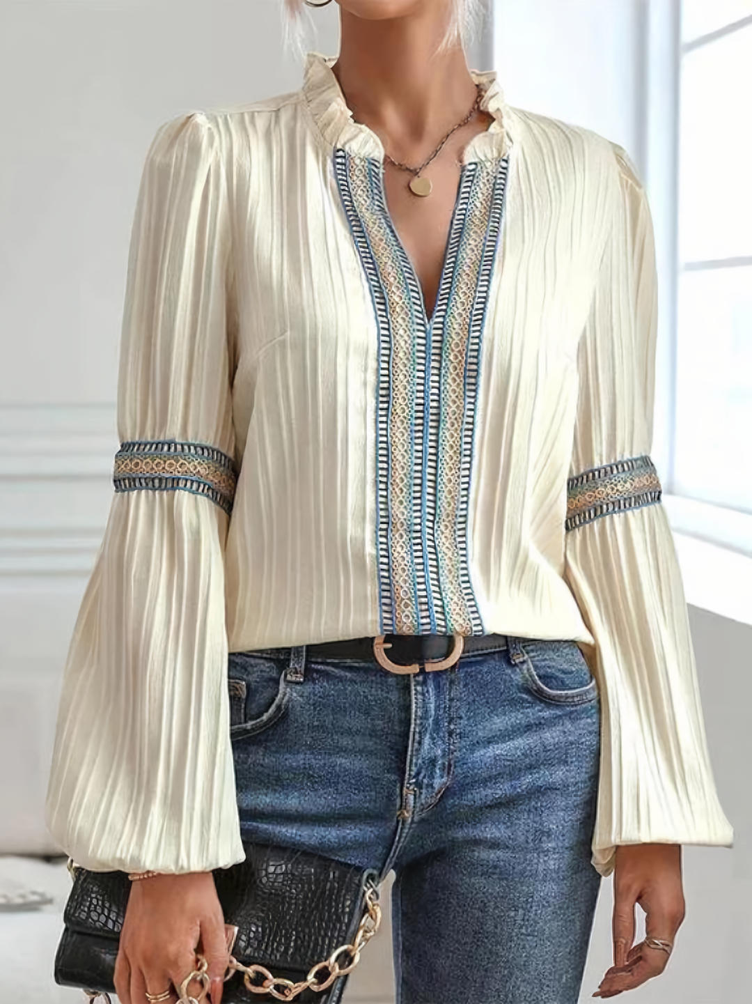 Women’s Blouse – Relaxed Fit – Ruffled Collar – Pleated Front – Long Sleeve Vintage Style