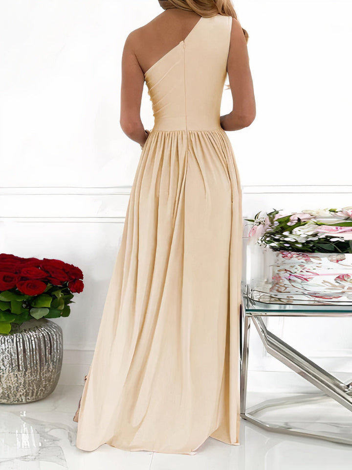 Women's Evening Gown - Halter Neck - Pleated Bodice - High Slit A-Line Silhouette