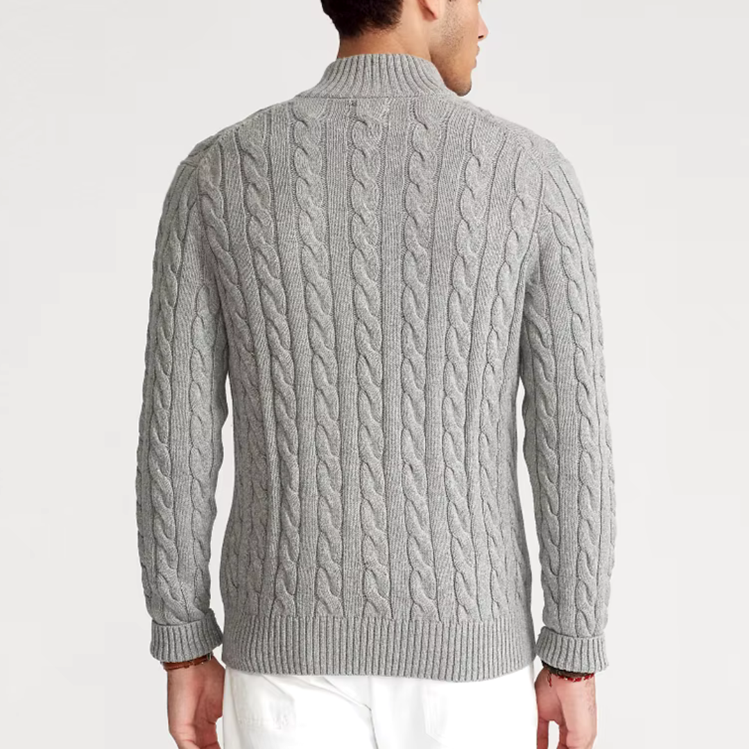 Men’s Half Zip Sweater - Cable Knit - Cotton Blend - Regular Fit - Ribbed Trim