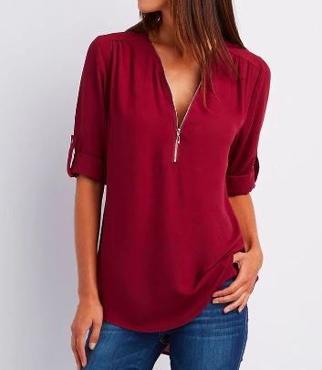 Women’s Blouse – Relaxed Fit – V-Neck Zip Detail – Roll-Tab Sleeve – Soft Drape