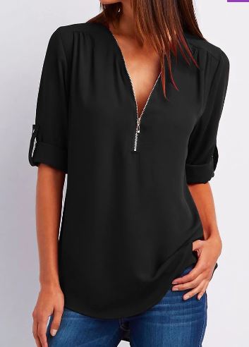 Women’s Blouse – Relaxed Fit – V-Neck Zip Detail – Roll-Tab Sleeve – Soft Drape