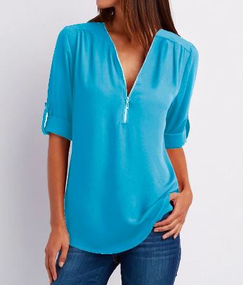 Women’s Blouse – Relaxed Fit – V-Neck Zip Detail – Roll-Tab Sleeve – Soft Drape