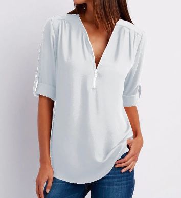 Women’s Blouse – Relaxed Fit – V-Neck Zip Detail – Roll-Tab Sleeve – Soft Drape