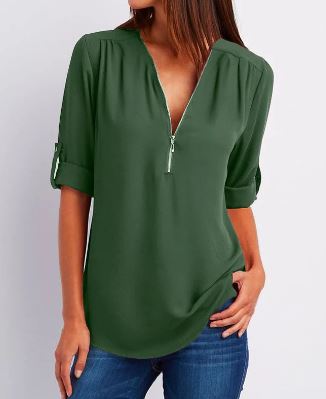 Women’s Blouse – Relaxed Fit – V-Neck Zip Detail – Roll-Tab Sleeve – Soft Drape