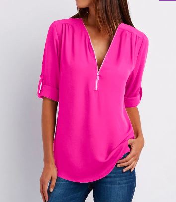 Women’s Blouse – Relaxed Fit – V-Neck Zip Detail – Roll-Tab Sleeve – Soft Drape