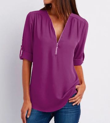 Women’s Blouse – Relaxed Fit – V-Neck Zip Detail – Roll-Tab Sleeve – Soft Drape