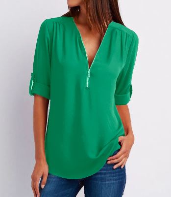 Women’s Blouse – Relaxed Fit – V-Neck Zip Detail – Roll-Tab Sleeve – Soft Drape