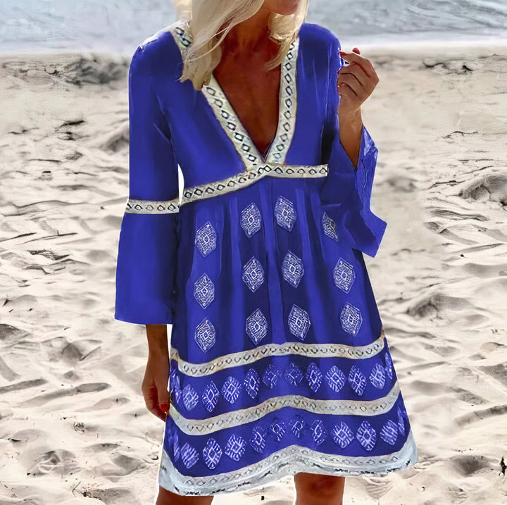 Women's Bohemian Dress - V-Neck Knee-Length - 3/4 Sleeve Loose Fit - Embroidered Casual Wear