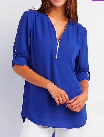 Women’s Blouse – Relaxed Fit – V-Neck Zip Detail – Roll-Tab Sleeve – Soft Drape