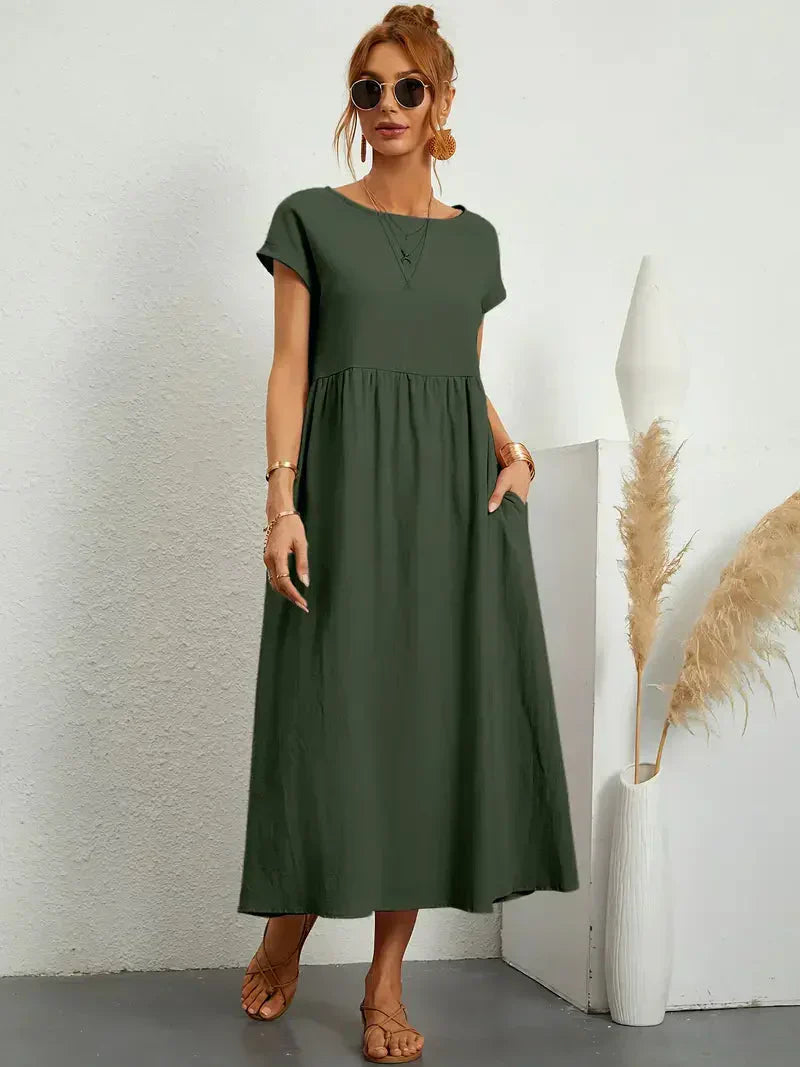 Women’s Long Dress – Relaxed Fit – Short Sleeve – Gathered Waist – Breathable Blend