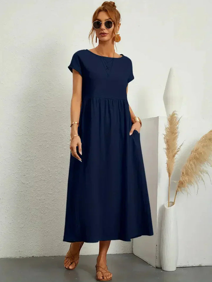 Women’s Long Dress – Relaxed Fit – Short Sleeve – Gathered Waist – Breathable Blend