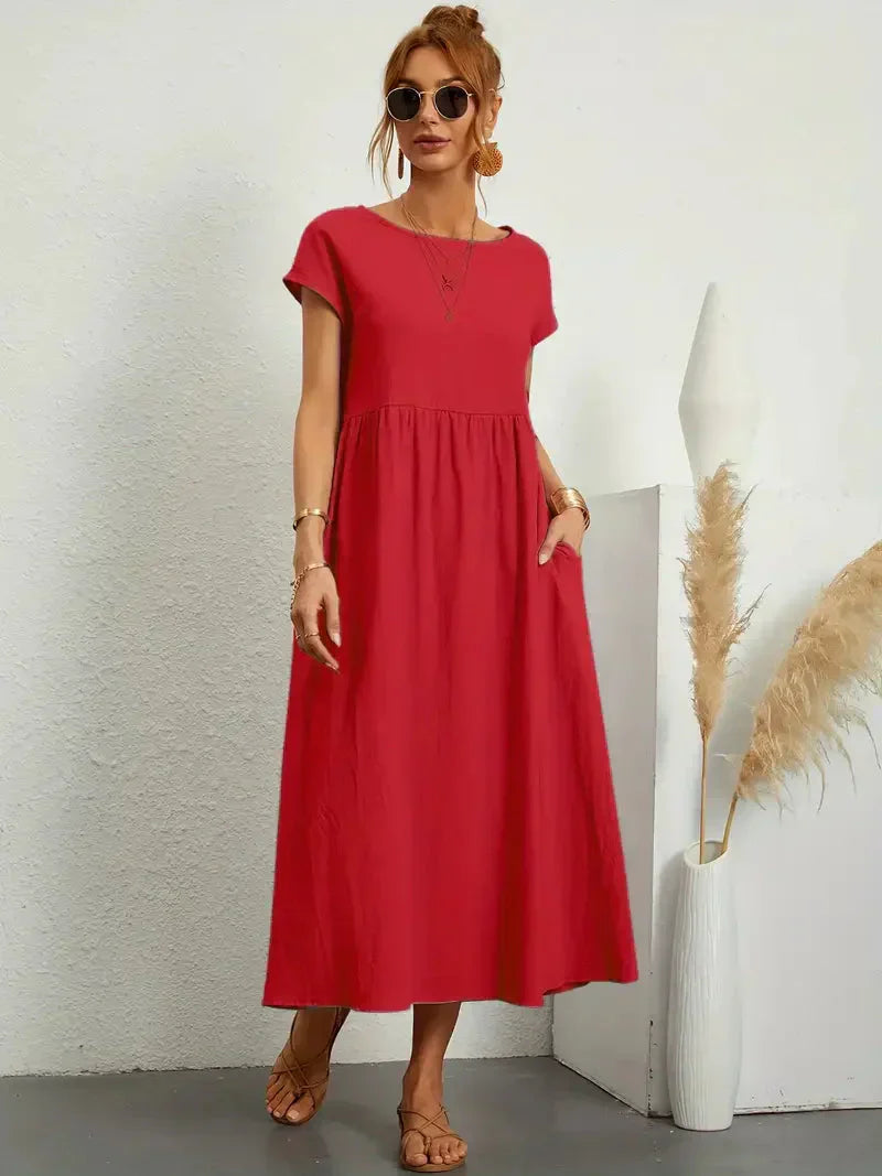 Women’s Long Dress – Relaxed Fit – Short Sleeve – Gathered Waist – Breathable Blend