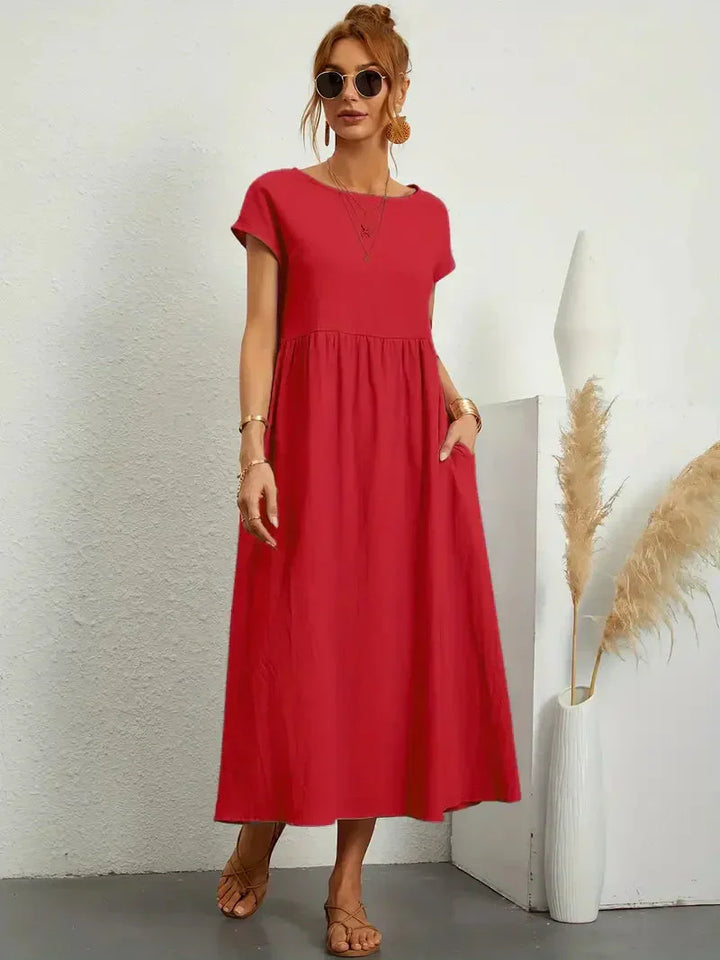 Women’s Long Dress – Relaxed Fit – Short Sleeve – Gathered Waist – Breathable Blend