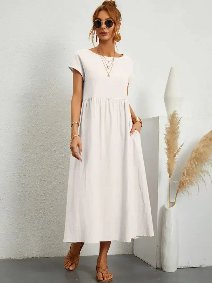 Women’s Long Dress – Relaxed Fit – Short Sleeve – Gathered Waist – Breathable Blend