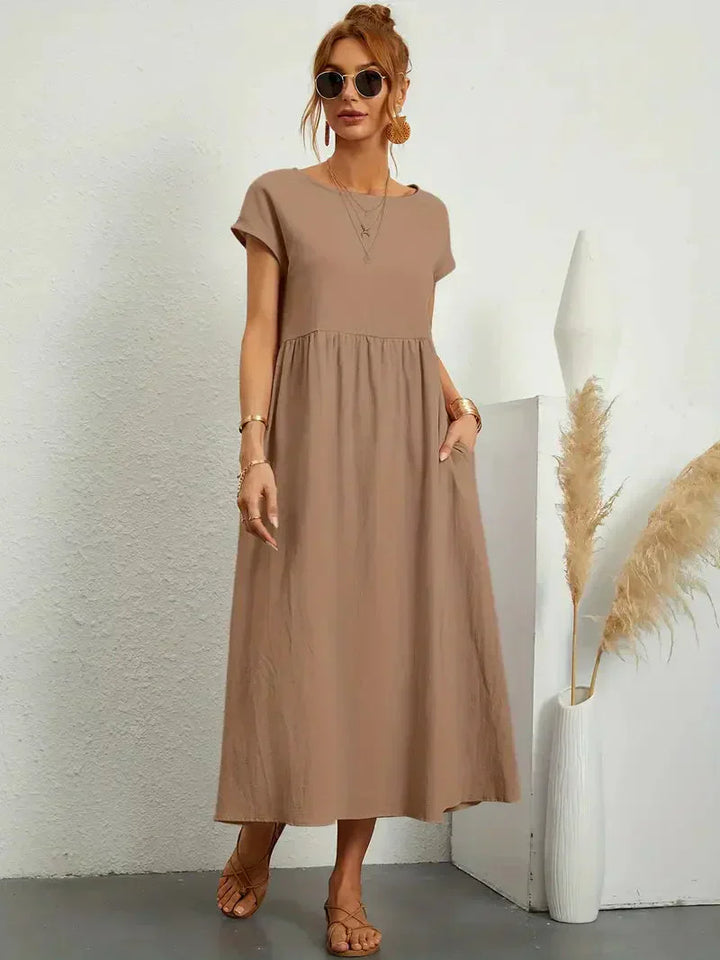 Women’s Long Dress – Relaxed Fit – Short Sleeve – Gathered Waist – Breathable Blend