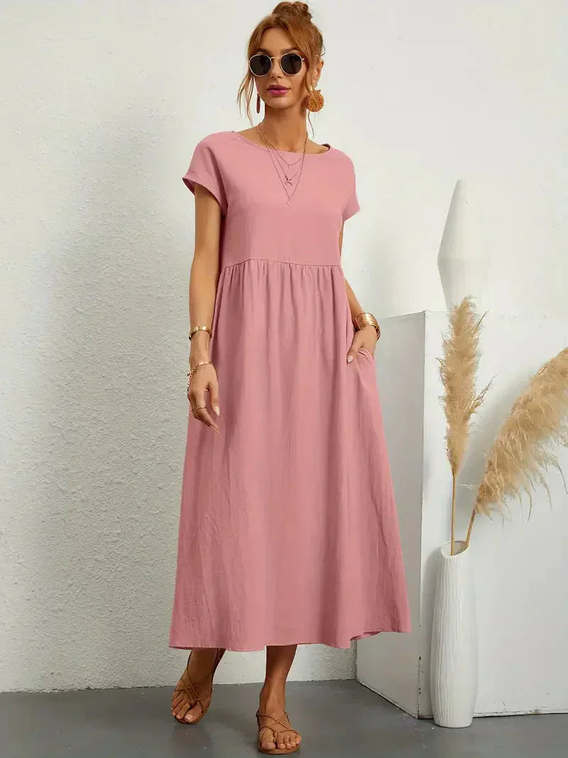 Women’s Long Dress – Relaxed Fit – Short Sleeve – Gathered Waist – Breathable Blend