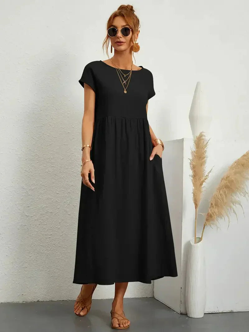 Women’s Long Dress – Relaxed Fit – Short Sleeve – Gathered Waist – Breathable Blend
