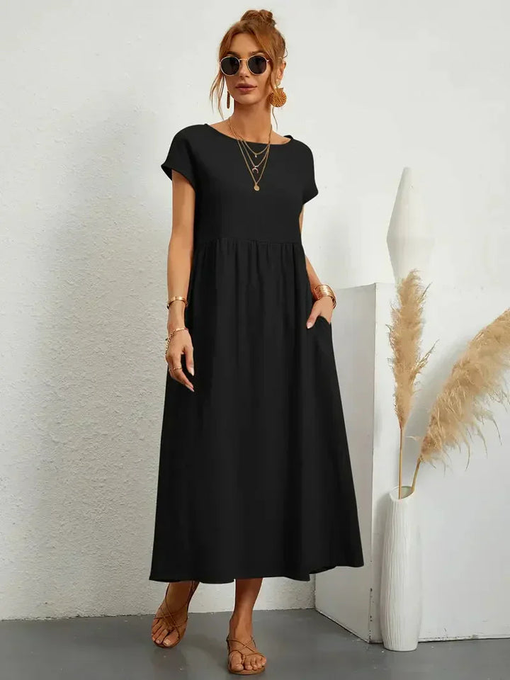 Women’s Long Dress – Relaxed Fit – Short Sleeve – Gathered Waist – Breathable Blend
