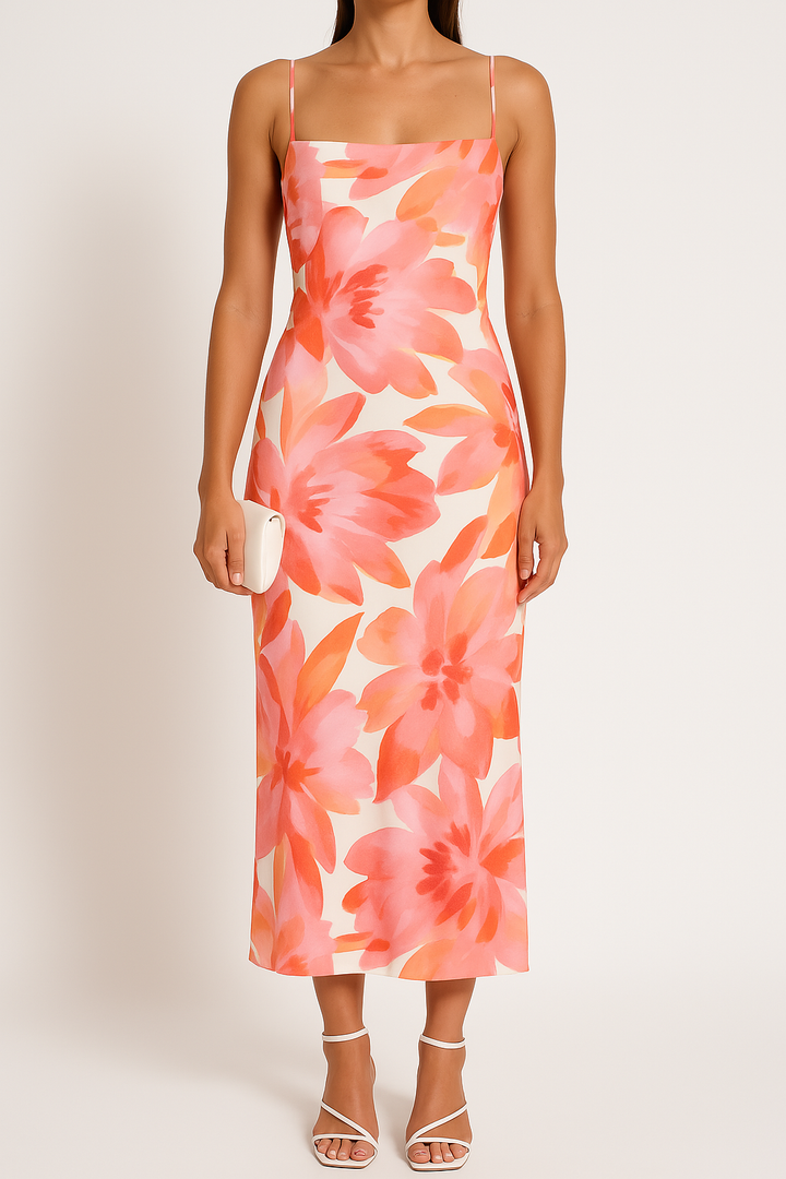 Women’s Maxi Dress – Fitted Silhouette – Spaghetti Straps – Bold Floral Pattern