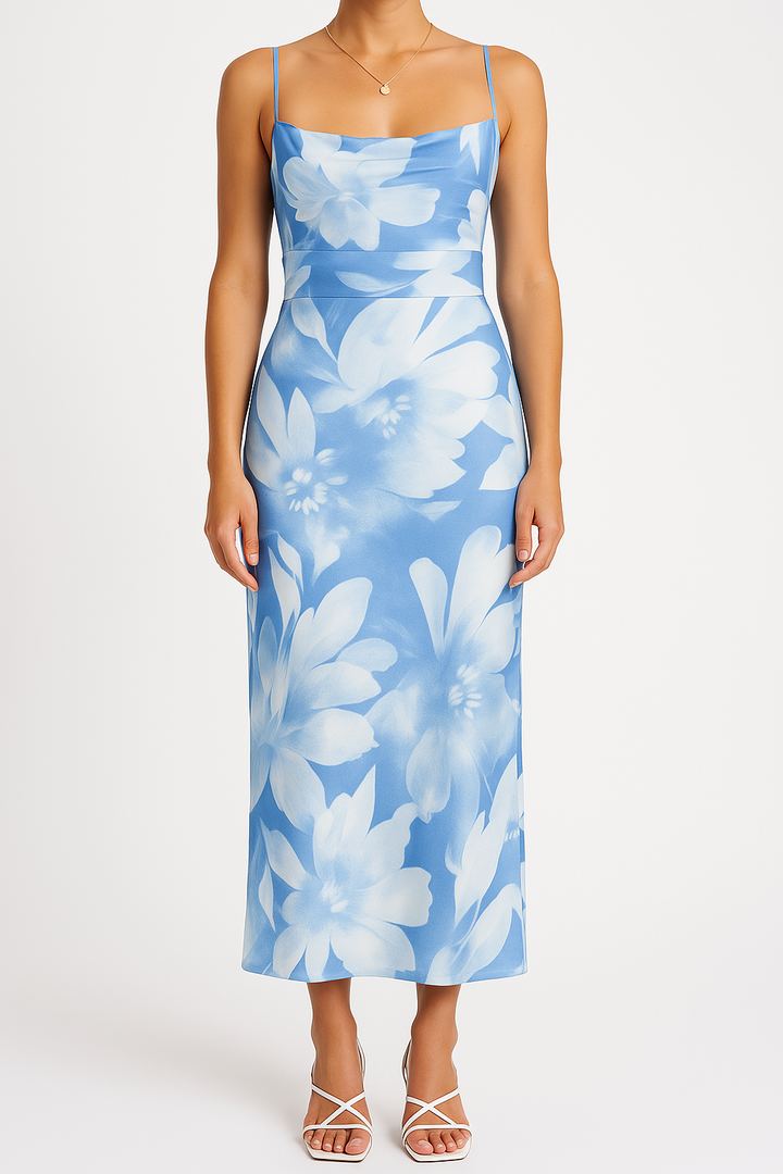 Women’s Maxi Dress – Fitted Silhouette – Spaghetti Straps – Bold Floral Pattern