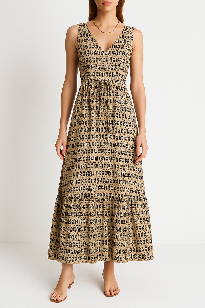 Women's Maxi Dress - V-Neck - Sleeveless - Adjustable Waist - Tiered Flowy Skirt