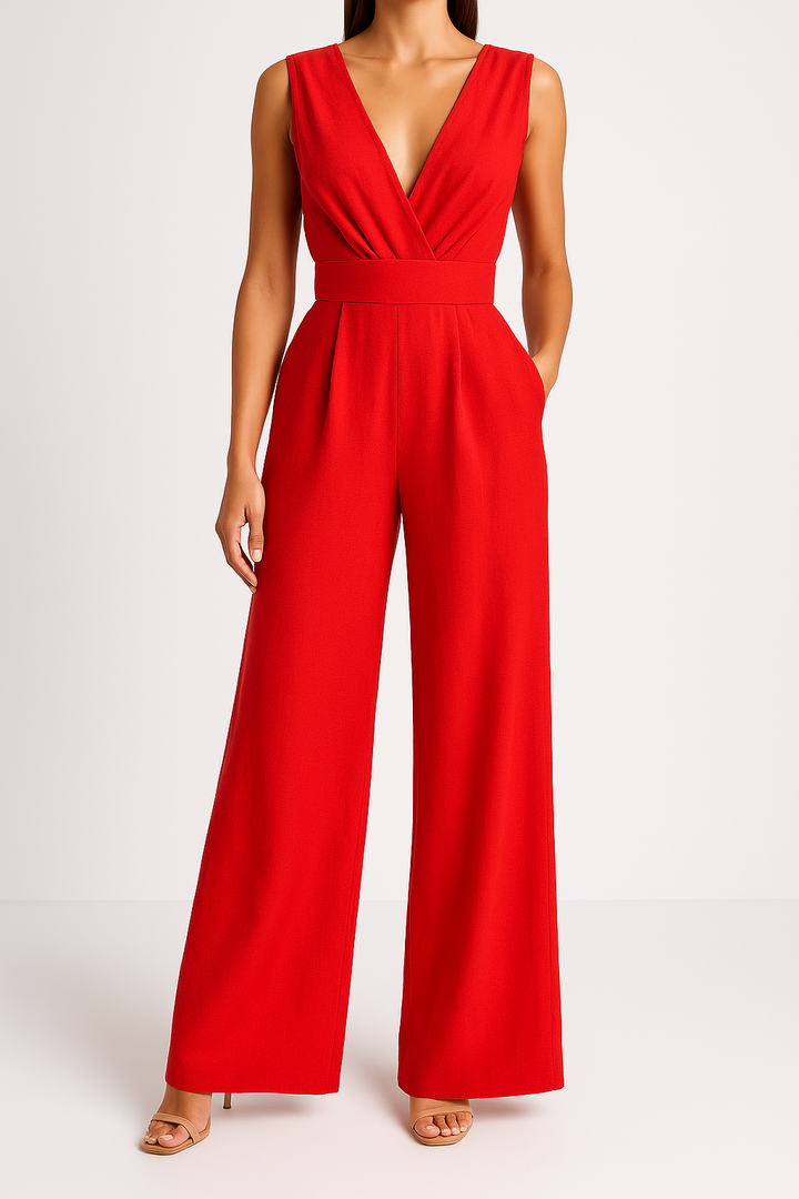 Women’s Jumpsuit - Sleeveless V-Neck - Wide Leg - Fitted Waist - Elegant Silhouette