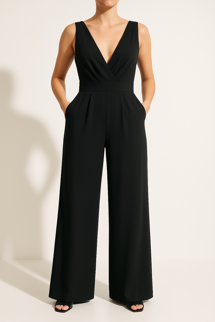 Women’s Jumpsuit - Sleeveless V-Neck - Wide Leg - Fitted Waist - Elegant Silhouette