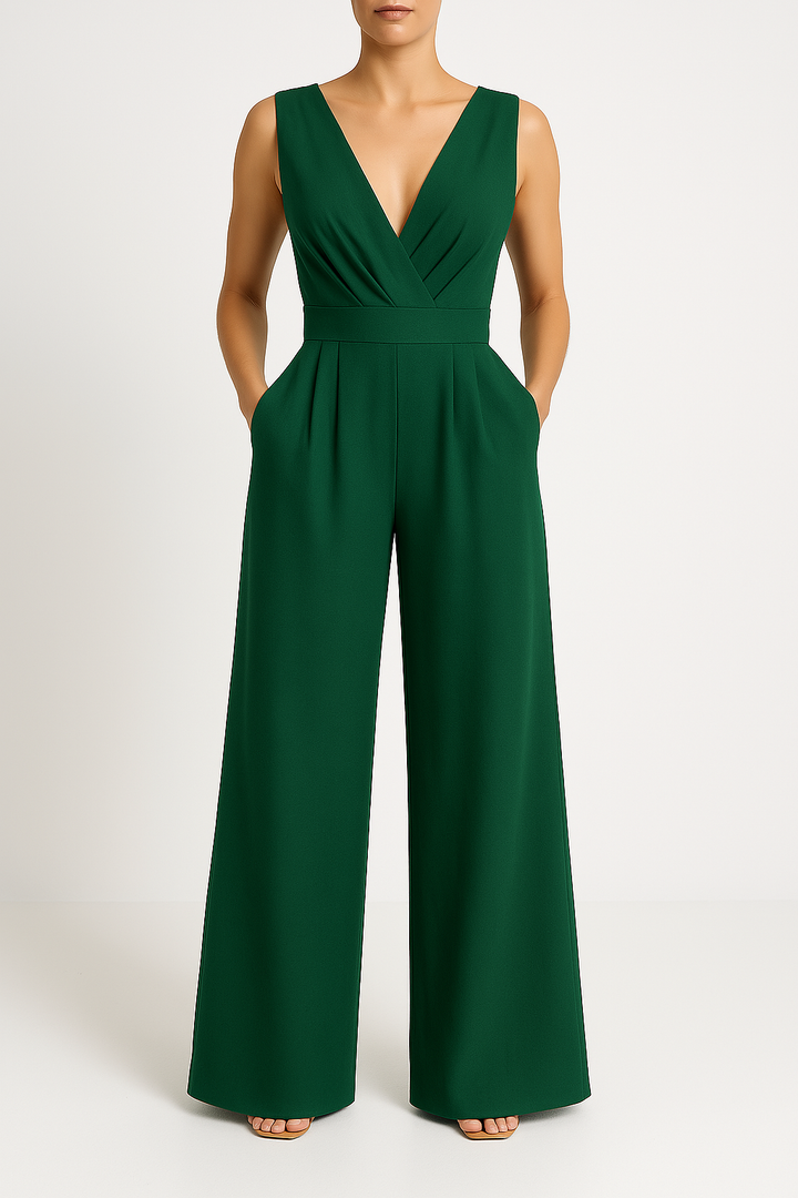 Women’s Jumpsuit - Sleeveless V-Neck - Wide Leg - Fitted Waist - Elegant Silhouette