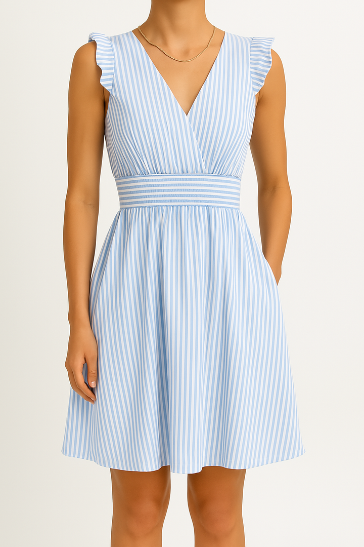 Women’s Sleeveless Dress – V-Neck – Ruffle Shoulder – Cinched Waist – A-Line Fit