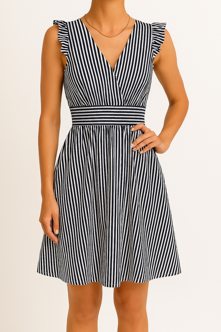 Women’s Sleeveless Dress – V-Neck – Ruffle Shoulder – Cinched Waist – A-Line Fit
