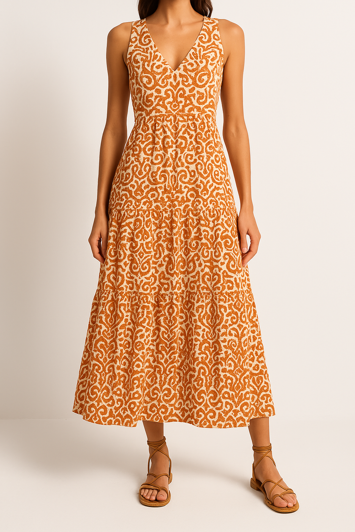 Women’s Midi Dress – Sleeveless V-Neck – Fitted Waist – Tiered Skirt – Flowy Fit